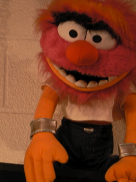 the stuffed animal is wearing a belt and jeans