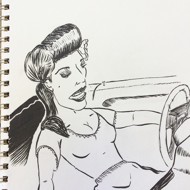 a pen drawing of a woman on her cell phone