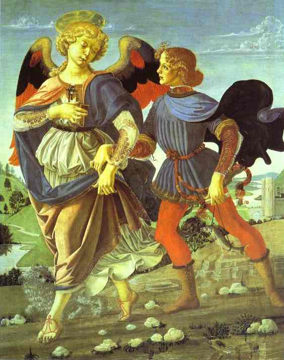 an art painting of two angels with red wings