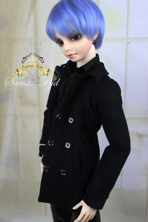 a young doll with a black coat and a blue hair