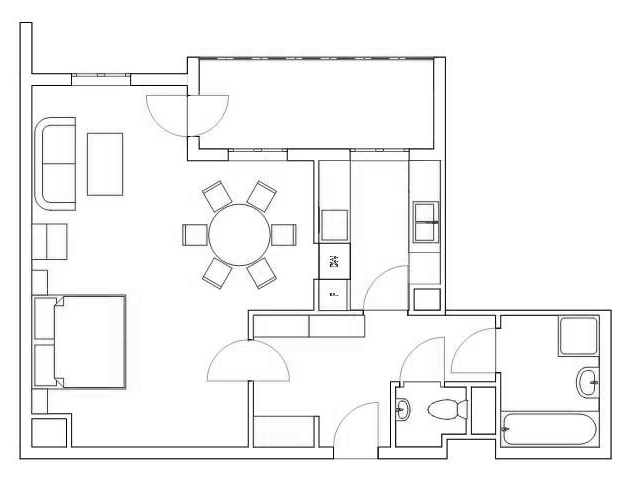 a floor plan with a table and couches