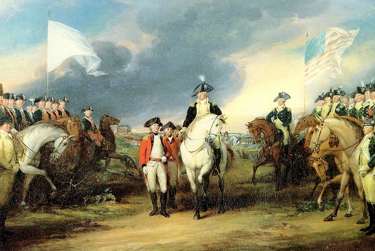 the painting depicts several men in uniforms on horseback