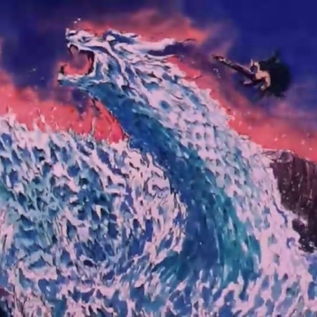 a painting of a large ocean wave with a man swimming