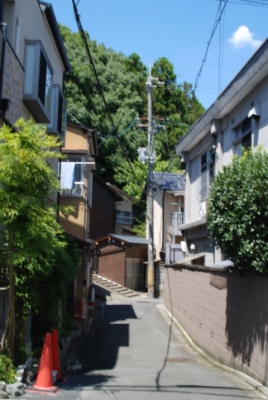 a narrow alley in an urban setting with house on both sides and a cable above