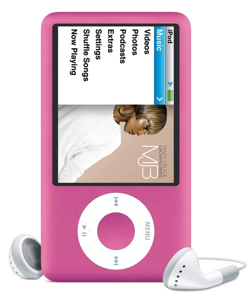 a pink ipod with a white earbuds in it