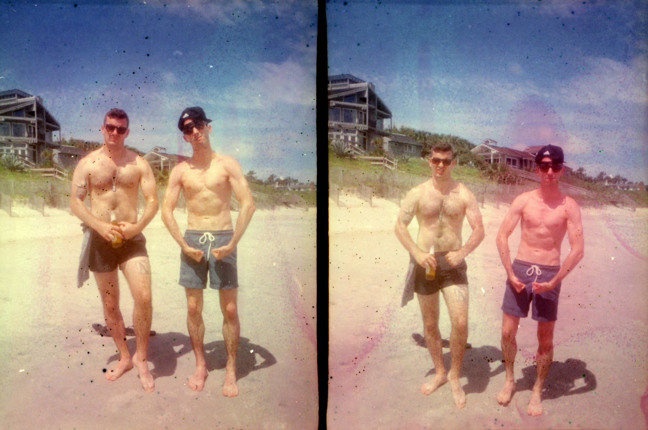 two men with  and no shorts on the beach