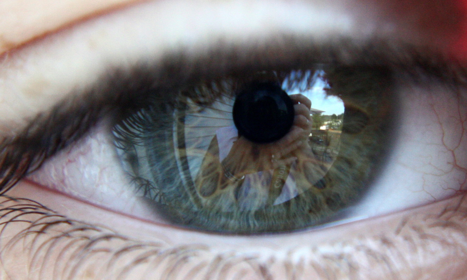 the iris of an eye with reflection of buildings in it