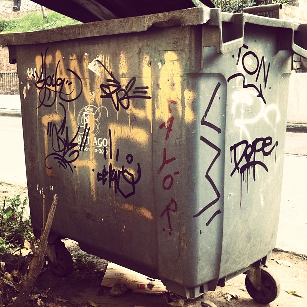 a dumpster covered in graffiti with trees and buildings in the background