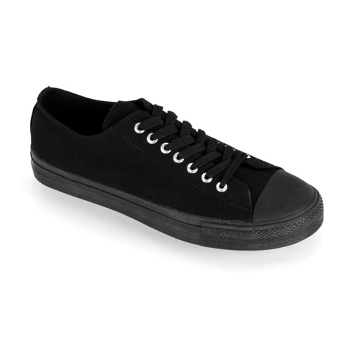 black canvas shoes with white laces on the heel