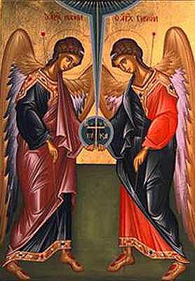 an icon of two angels with red and black wings