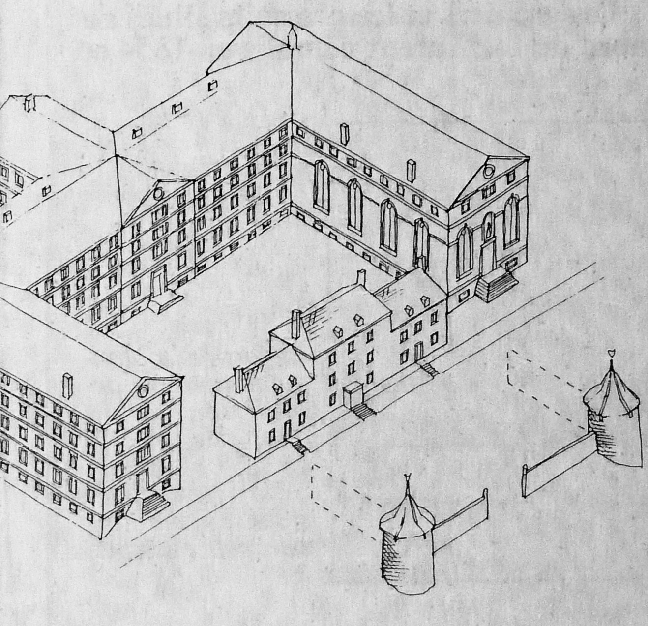 a drawing of a two story building