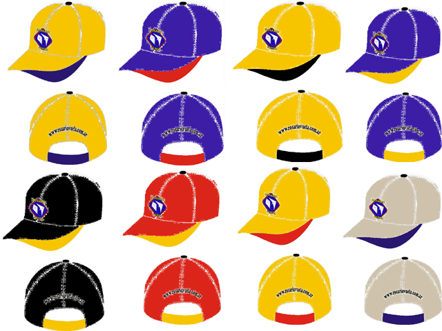 nine colored hats with various designs and letters