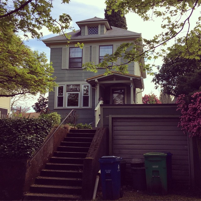 the house is built next to a tree and green trees