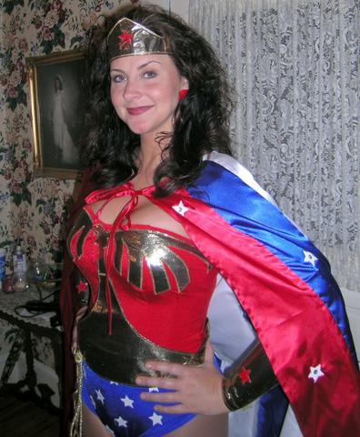 a woman dressed in a red, white and blue costume