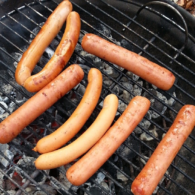  dogs are grilled on an outdoor grill