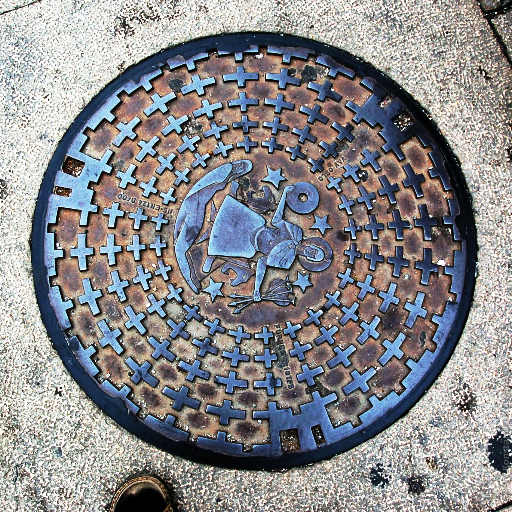 a manhole cover on the sidewalk with a dog design