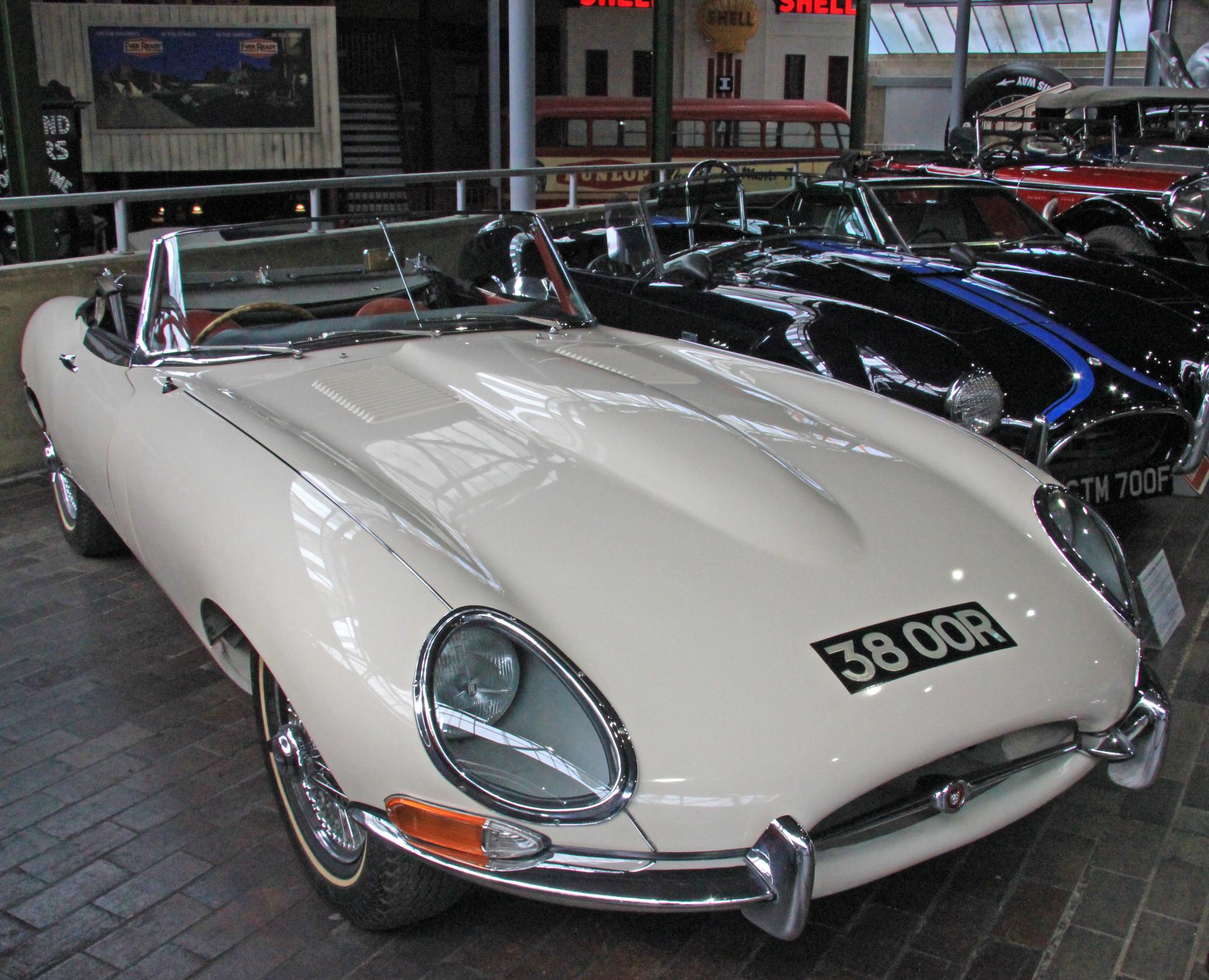 many classic automobiles are parked in a car showroom