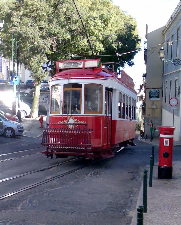 a trolley train on the street near trees