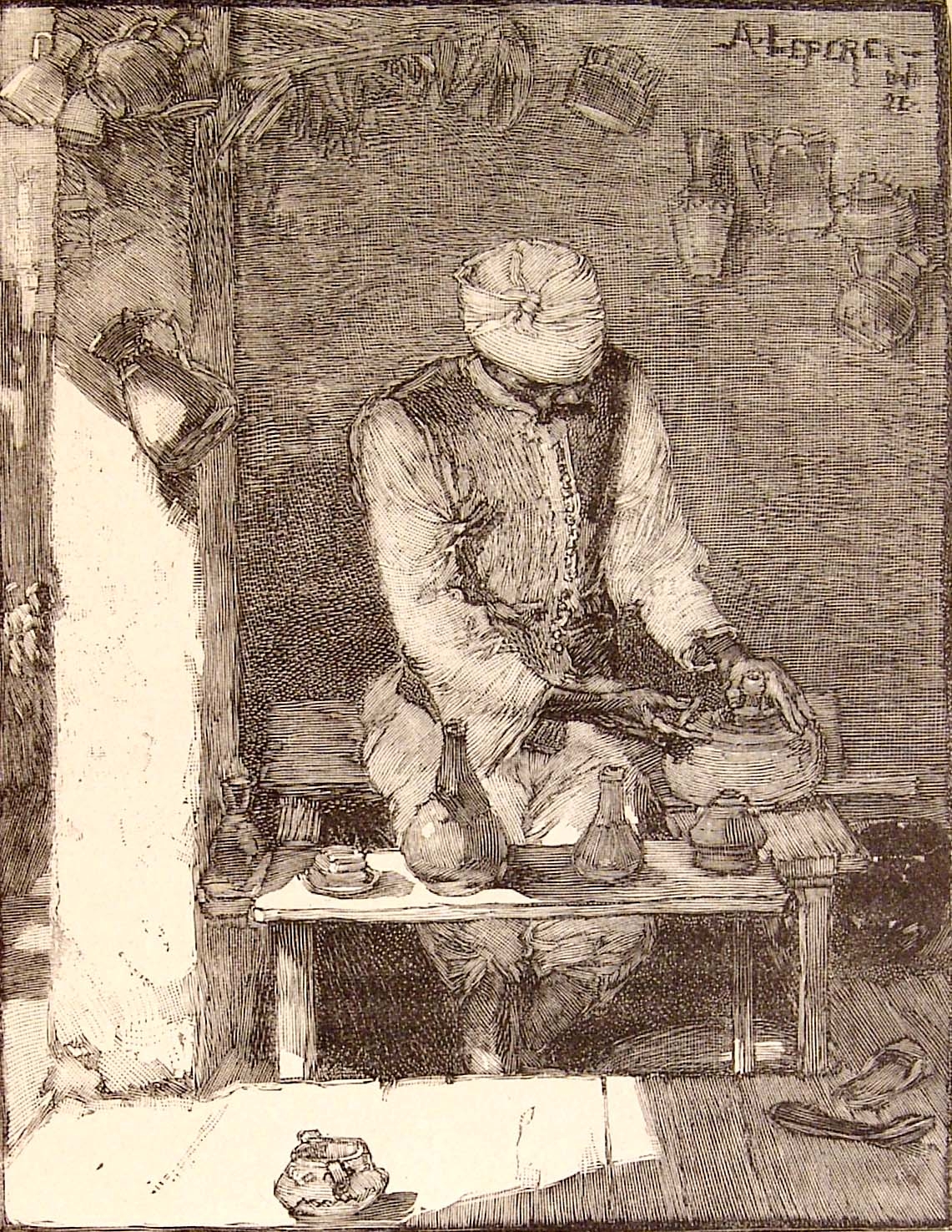 an old black and white illustration of a man sitting on a bench