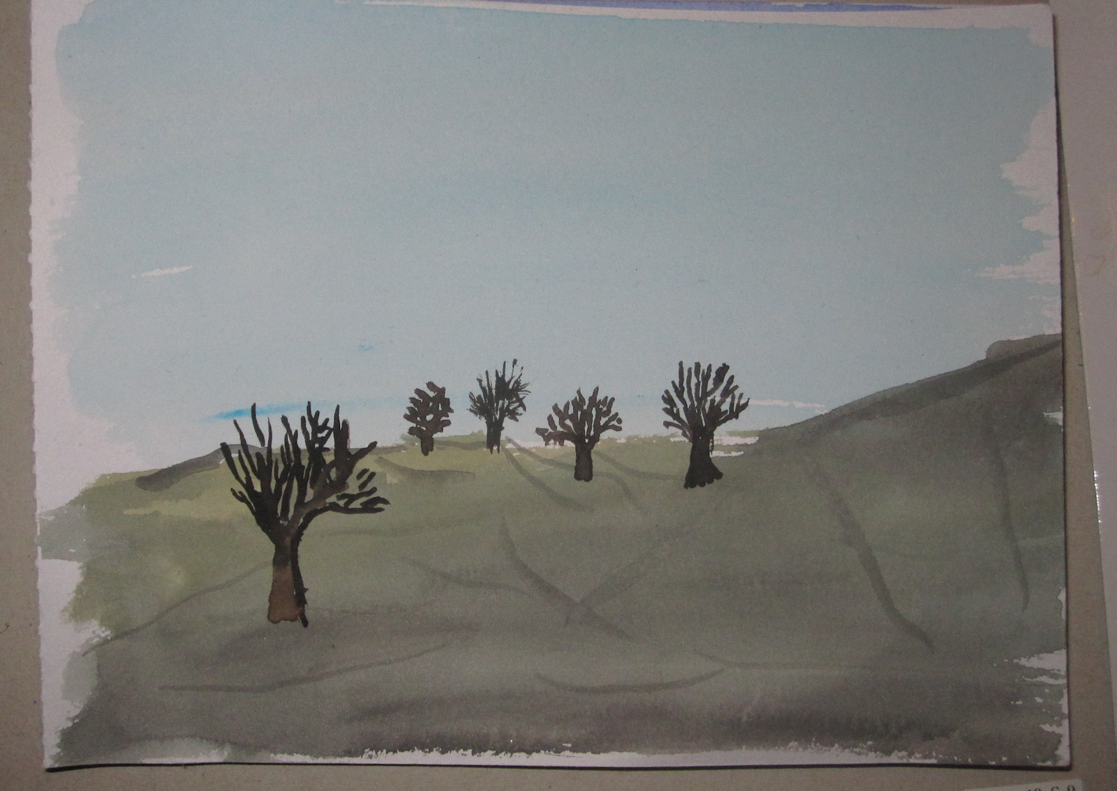 drawing of trees in the distance with blue sky above