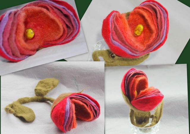 four pictures with felt flowers sitting on napkins