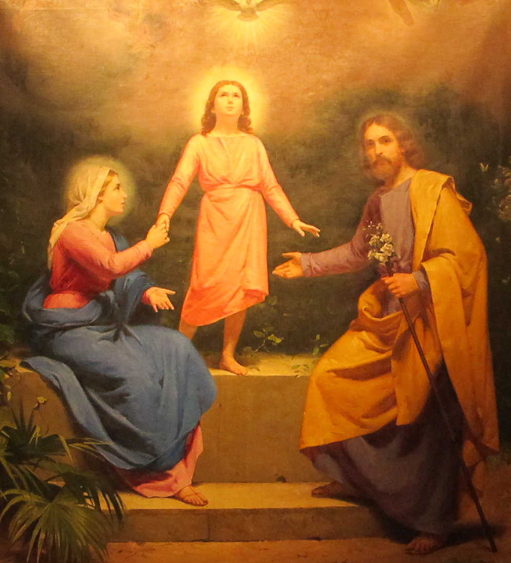 a painting of jesus and mary coming down the steps