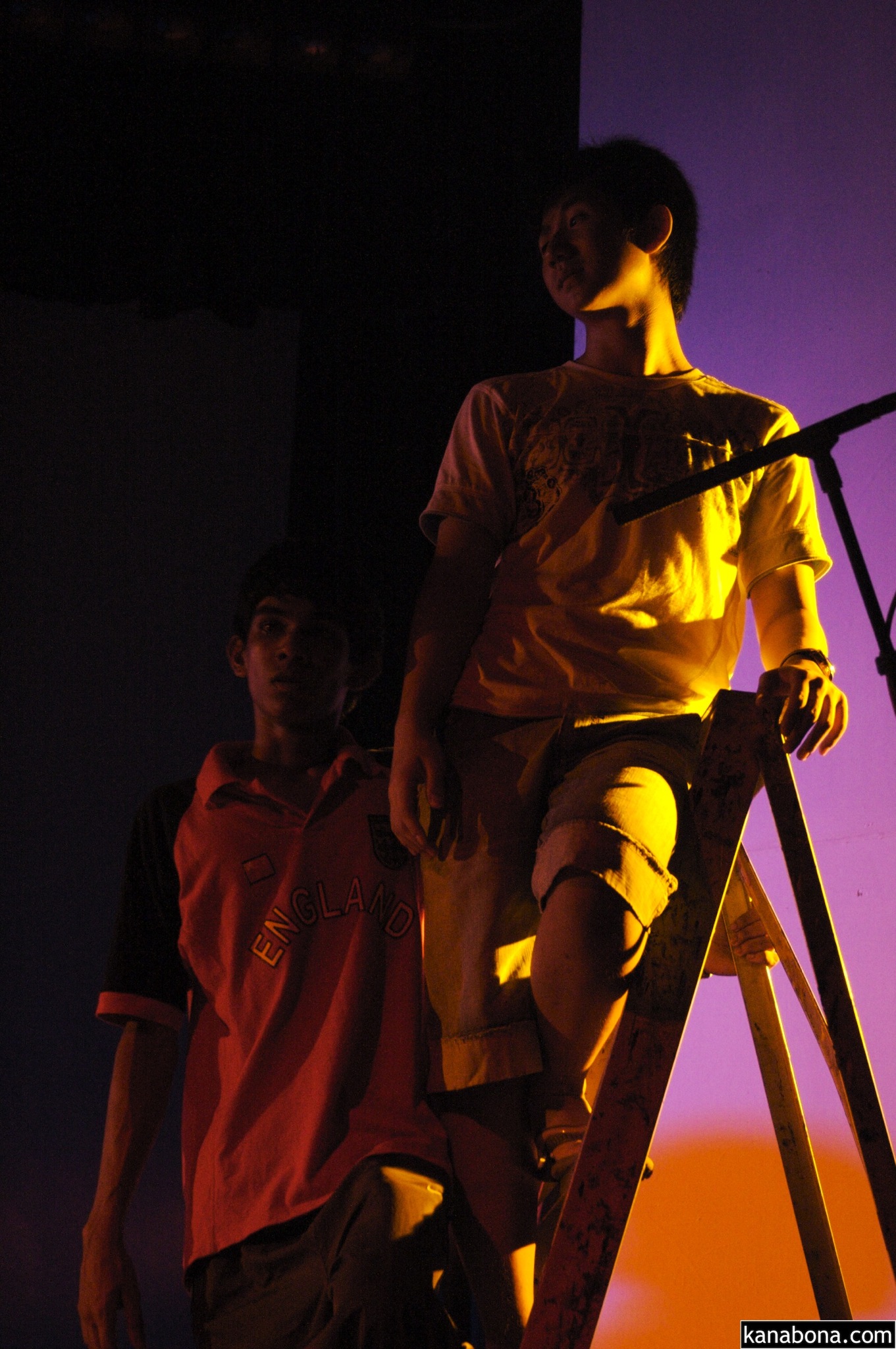 two boys, one on the left climbing up a ladder, watch over an audience