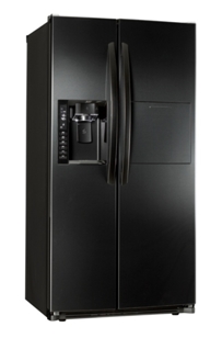 a black refrigerator freezer sitting on a white background