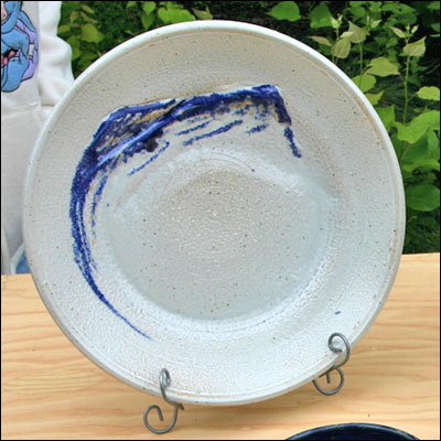 this is an odd blue and white dish on display