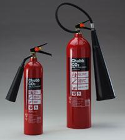 an open and closed fire extinguishers on a gray background