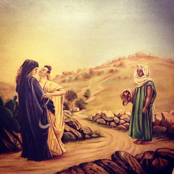 a painting depicting the story of jesus talking to a woman and child