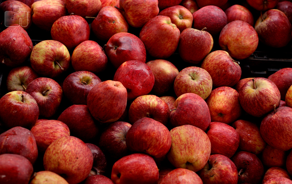 an assortment of apples is stacked up