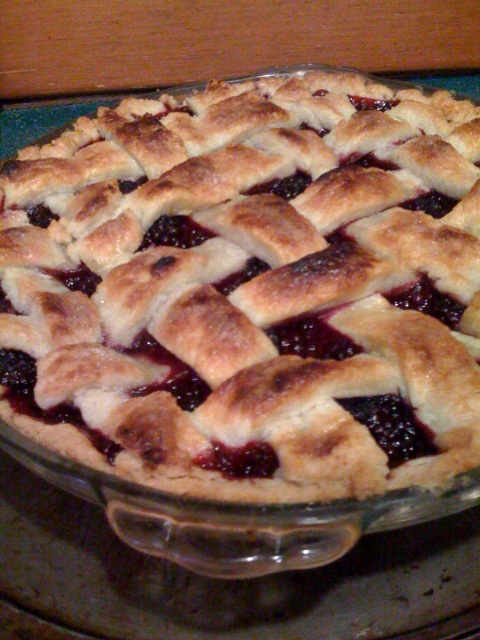 a pie that has a latticed crust and fruit inside