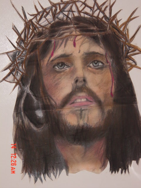 an altered pograph of a man with the crown of thorns on his head