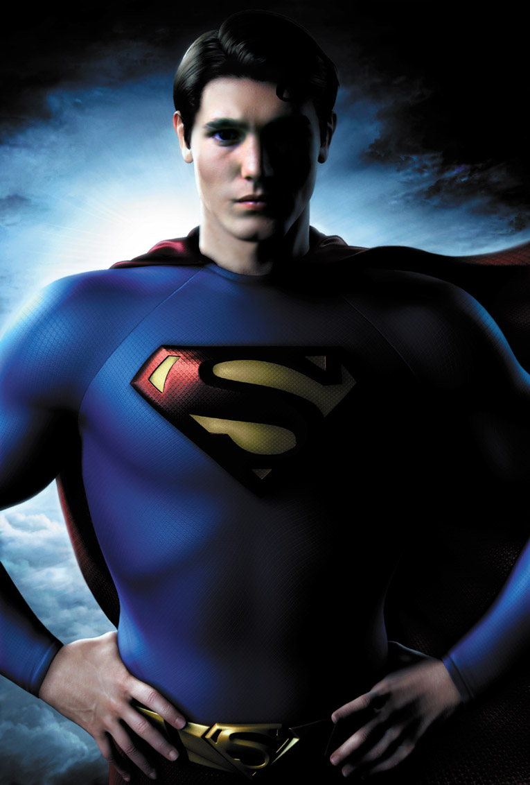 a man with his arms on the hips wearing a superman suit