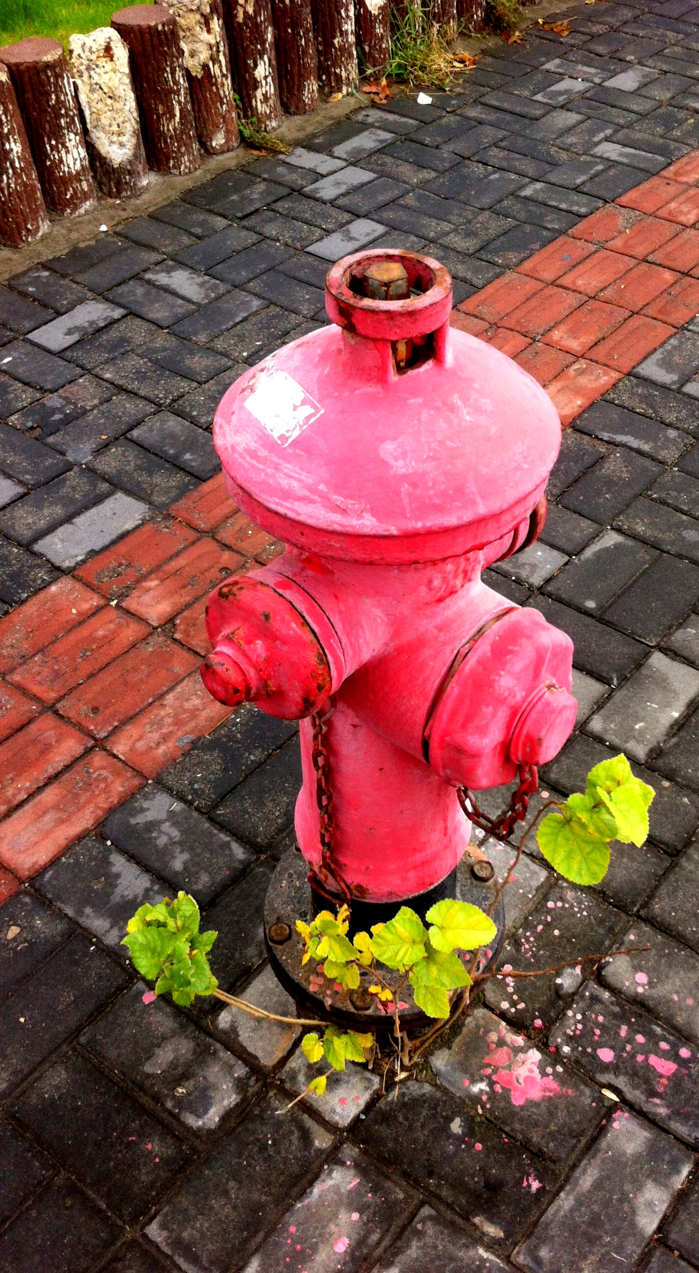 a red fire hydrant sitting on top of a brick walkway