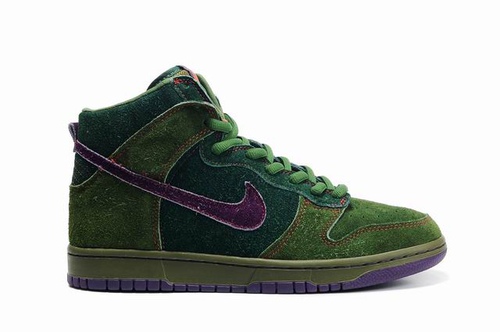 a nike dunk high top sneakers with purple and green colors