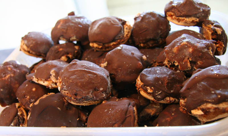 a tray of chocolate cookies on a table