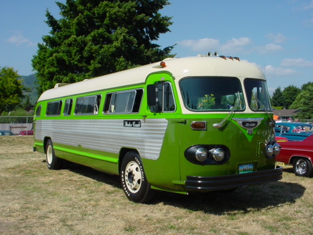 a big green and white bus in a field