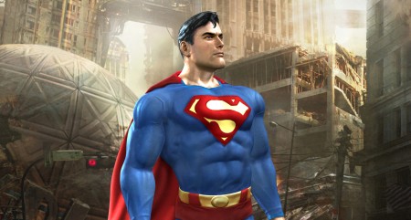 the superman games character standing in front of a city