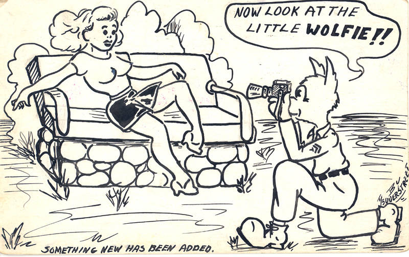 a cartoon drawing of a woman sitting on a bench in the wilderness with a dog