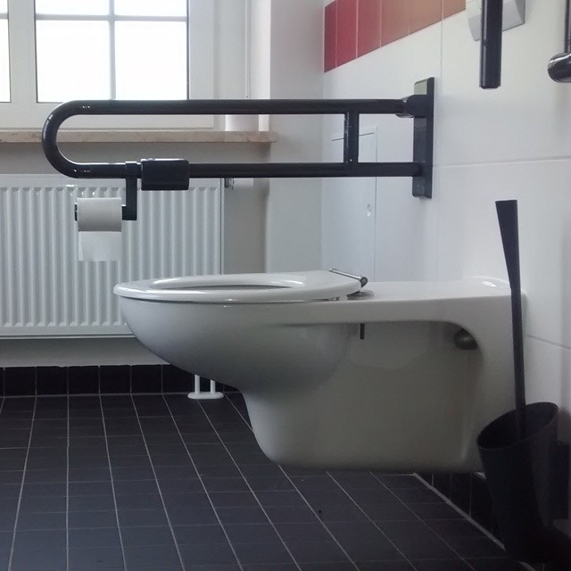 there is a bath room with a toilet and a radiator