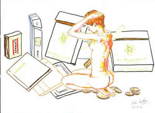 a drawing of a person sitting on a pile of books