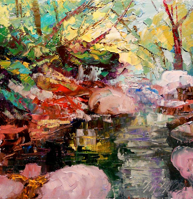 a painting of flowers by the river in spring