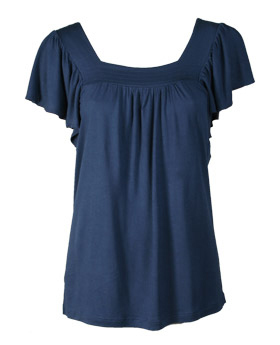a blue top with ruffles and a on on the shoulder
