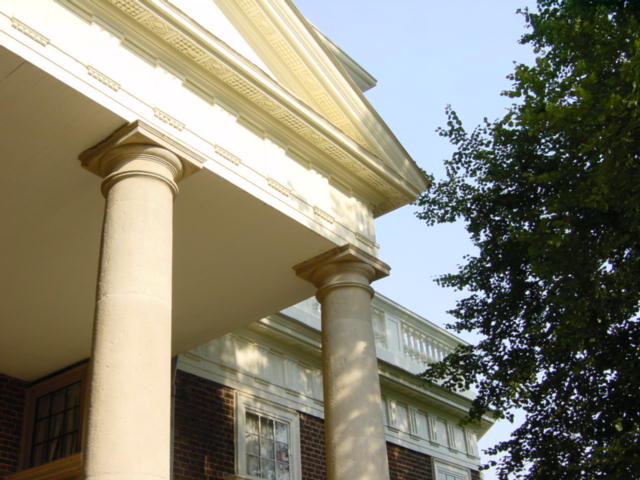 a tall column on a white house with a green tree