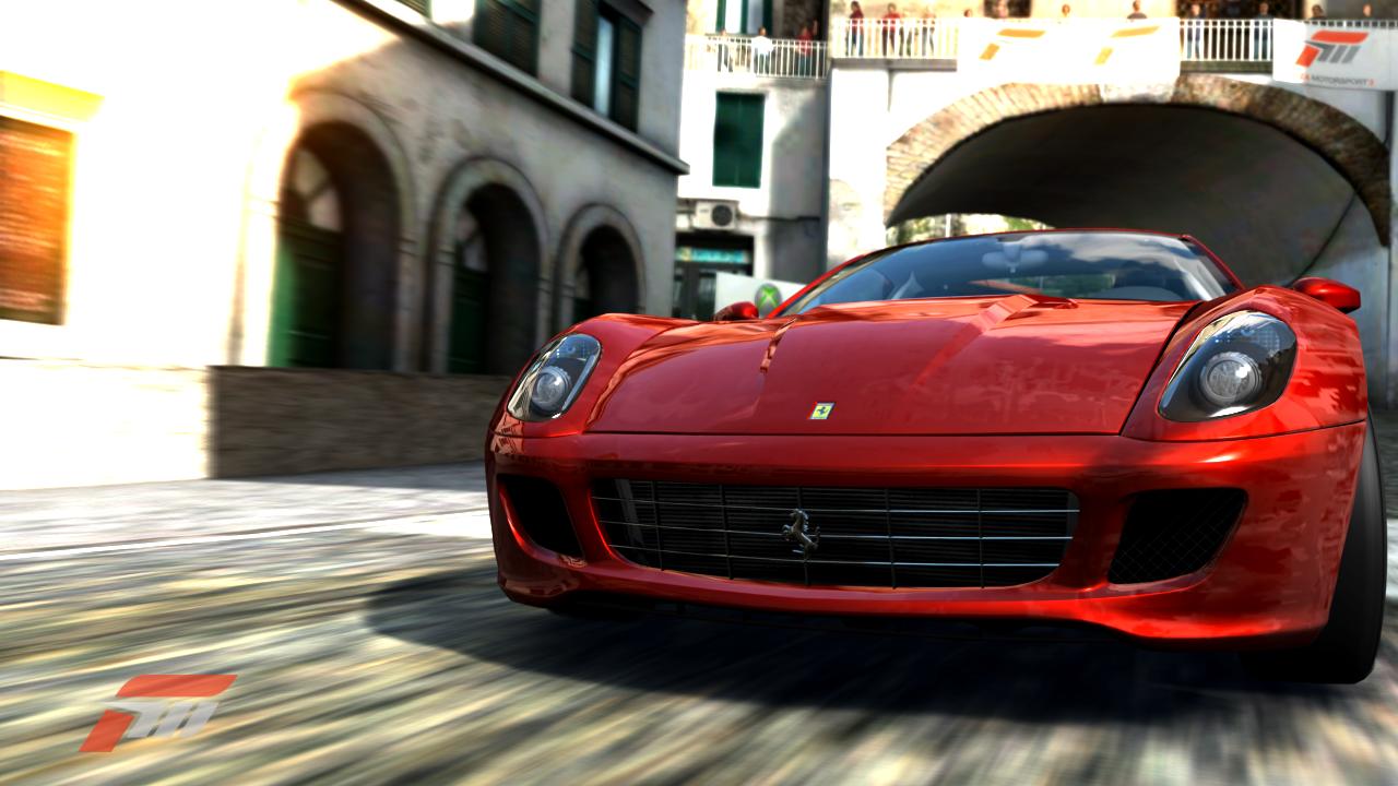 the ferrari roadster driving through the city streets