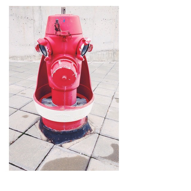 a red fire hydrant with a drain on the sidewalk