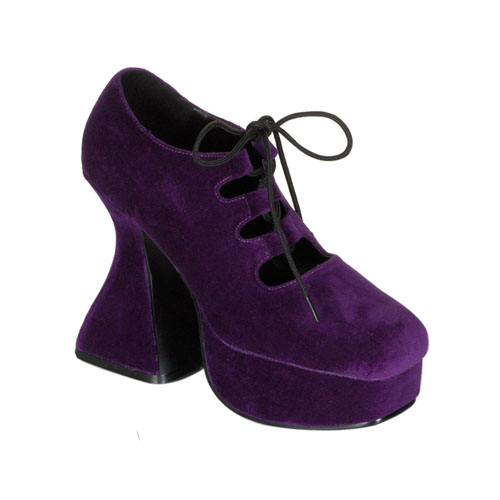 a purple shoe with black laced outs on white