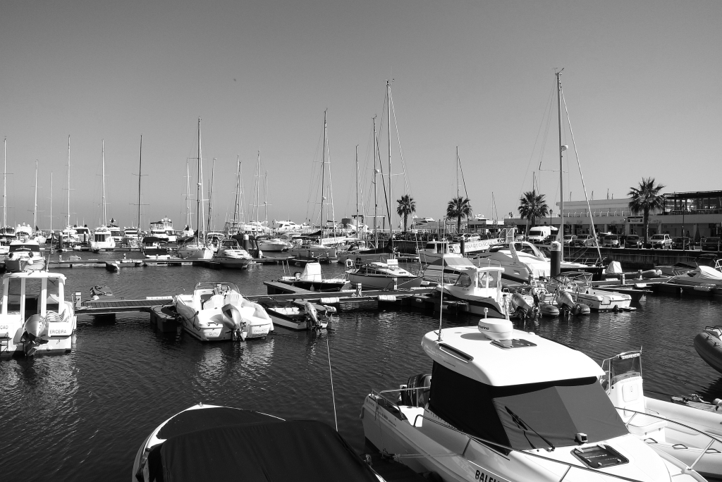 boats are docked at the marina in black and white